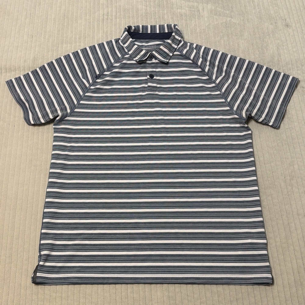 RHONE Polo Shirt Mens Medium Blue Striped Short Sleeve Stretch golf Active wear